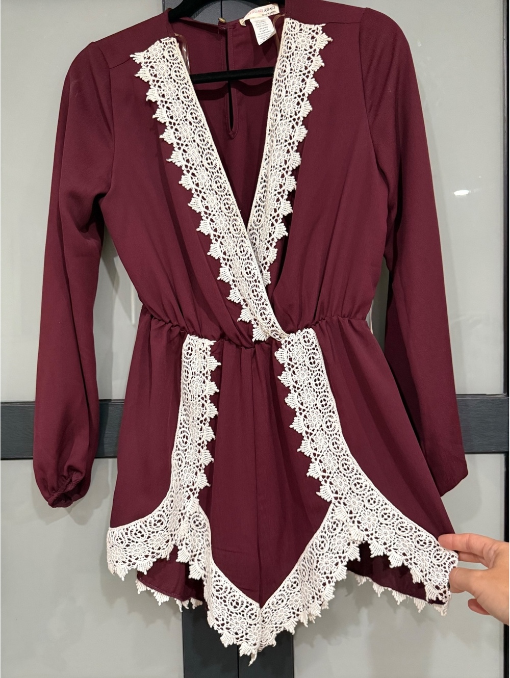 A’GACI Burgundy Lace-Trim Romper — Size Medium